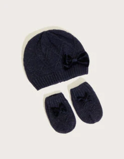 MONSOON Baby Beanie And Mitten Set With Recycled Polyester Blue