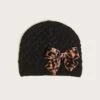 MONSOON Velvet Leopard Bow Beanie Hat With Recycled Polyester Black