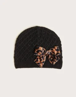 MONSOON Velvet Leopard Bow Beanie Hat With Recycled Polyester Black