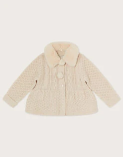 MONSOON Baby Cable Knit Cardigan With Faux Fur Collar Camel