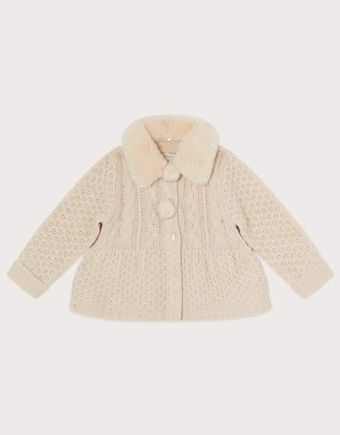 MONSOON Baby Cable Knit Cardigan With Faux Fur Collar Camel 1 MONSOON Baby Cable Knit Cardigan With Faux Fur Collar Camel