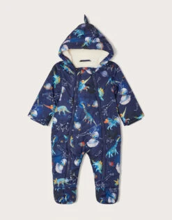 MONSOON Space Dinosaur Padded Pramsuit With Recycled Polyester Blue