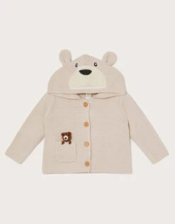 MONSOON Newborn Benny Bear Cardigan In Sustainable Cotton Ivory