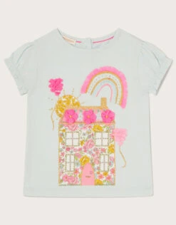 MONSOON Baby House Print Embroidered T-Shirt Blue