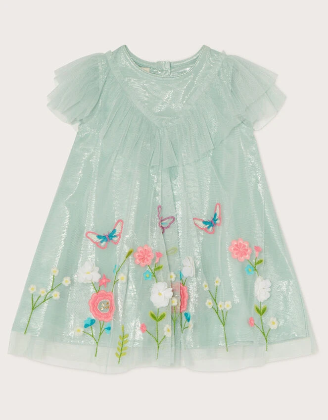 MONSOON Baby Ruffle Front Embroidered Mesh Dress Green 2 MONSOON Baby Ruffle Front Embroidered Mesh Dress Green - Image 2