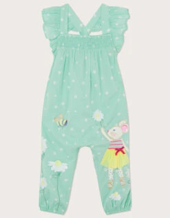 MONSOON Baby Applique Daisy Mouse Romper Green