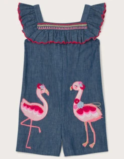 MONSOON Baby Chambray Flamingo Applique Romper Blue