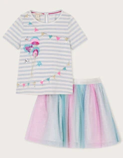 MONSOON Celebration Stripe T-Shirt And Skirt Set Blue