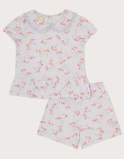 MONSOON Unicorn Ditsy Collar Summer Short Pyjama Set Blue