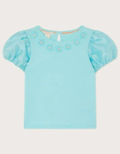 MONSOON Floral Puff Sleeve T-Shirt Blue