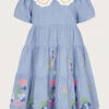 MONSOON Boutique Scallop Collar Embroidered Chambray Dress Blue