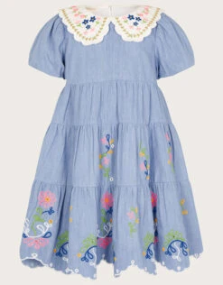 MONSOON Boutique Scallop Collar Embroidered Chambray Dress Blue