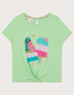MONSOON Sequin Lolly Tie Front T-Shirt Green