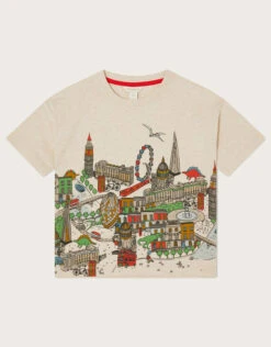 MONSOON London Dinosaur Scene T-Shirt Camel