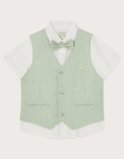 MONSOON Three-Piece Waistcoat, Bow Tie And Short Sleeve Shirt Set Green