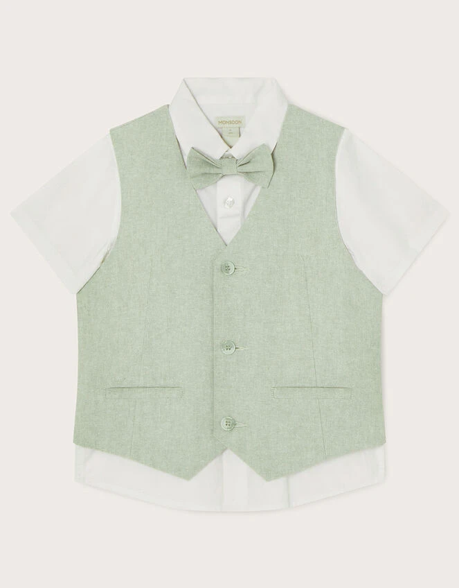MONSOON Three-Piece Waistcoat, Bow Tie And Short Sleeve Shirt Set Green 1 MONSOON Three-Piece Waistcoat, Bow Tie And Short Sleeve Shirt Set Green