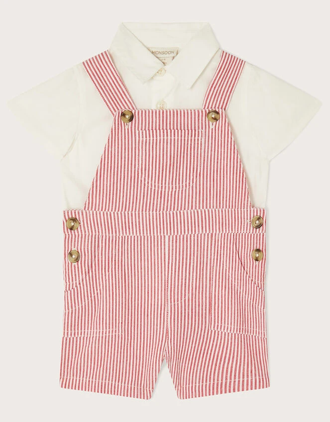 MONSOON Newborn Stripe Dungarees And Shirt Set Red 2 MONSOON Newborn Stripe Dungarees And Shirt Set Red - Image 2