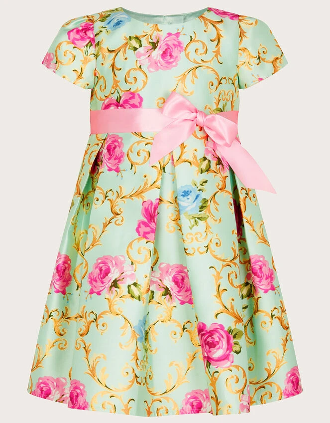 MONSOON Baby Baroque Rose Foil Print Dress Green 2 MONSOON Baby Baroque Rose Foil Print Dress Green - Image 2