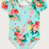 MONSOON Floral Puff Sleeve Swimsuit Blue