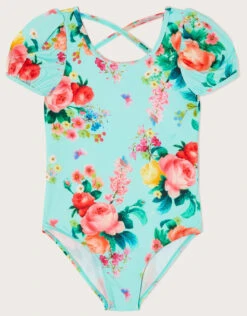 MONSOON Floral Puff Sleeve Swimsuit Blue
