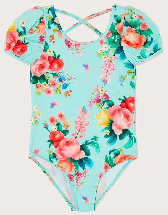 MONSOON Floral Puff Sleeve Swimsuit Blue 1 MONSOON Floral Puff Sleeve Swimsuit Blue
