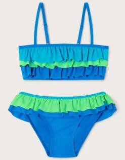 MONSOON Triple Frill Bikini Set With Recycled Polyester Blue