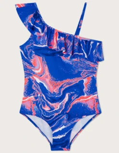 MONSOON Marble Print Frill Swimsuit Blue