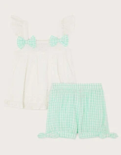 MONSOON Baby Check Broderie Vest And Shorts Set Green