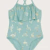 MONSOON Flamingo Foil Print Frill Swimsuit Blue