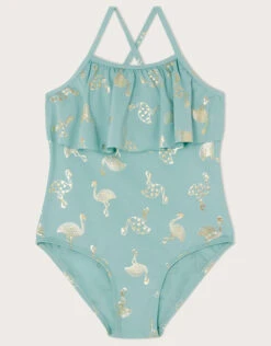 MONSOON Flamingo Foil Print Frill Swimsuit Blue