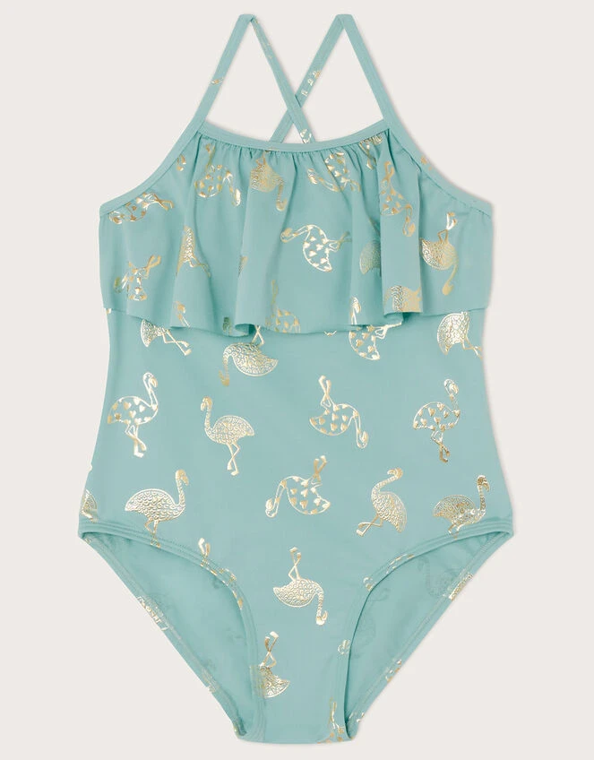 MONSOON Flamingo Foil Print Frill Swimsuit Blue 1 MONSOON Flamingo Foil Print Frill Swimsuit Blue