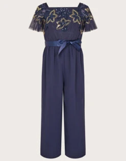MONSOON Nola Embellished Flutter Sleeve Sequin Jumpsuit Blue