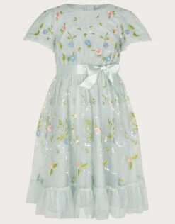 MONSOON Tula Tulle Floral Embroidered Dress Green