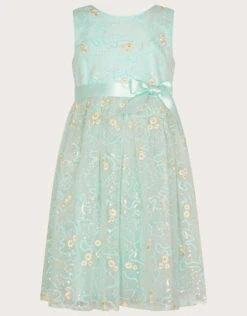 MONSOON Daisy Sequin Embroidered Dress Green