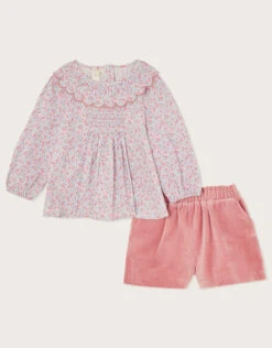 MONSOON Baby Bird Blouse And Velour Shorts Set Pink