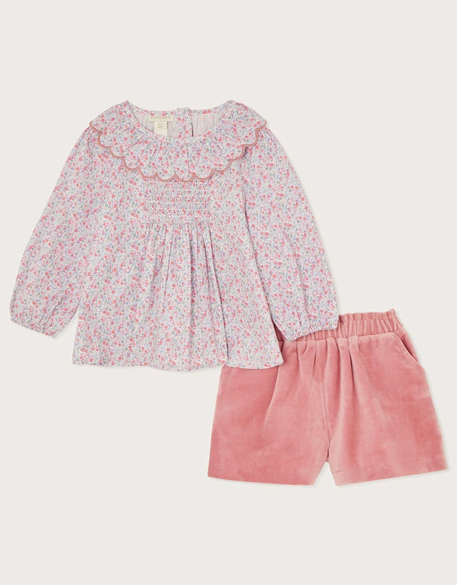 MONSOON Baby Bird Blouse And Velour Shorts Set Pink 1 MONSOON Baby Bird Blouse And Velour Shorts Set Pink