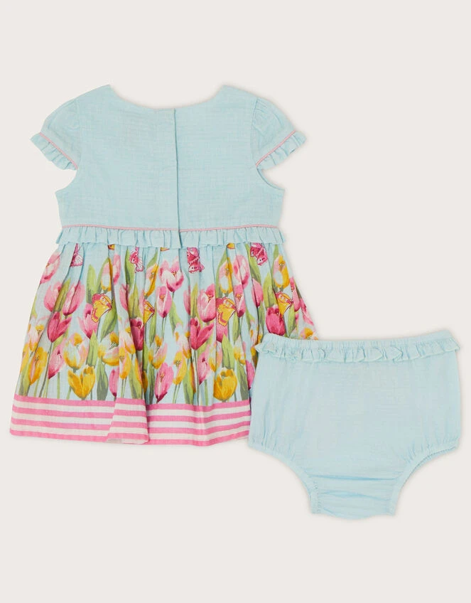 MONSOON Newborn Tulip Print Dress And Briefs Set Blue 2 MONSOON Newborn Tulip Print Dress And Briefs Set Blue - Image 2