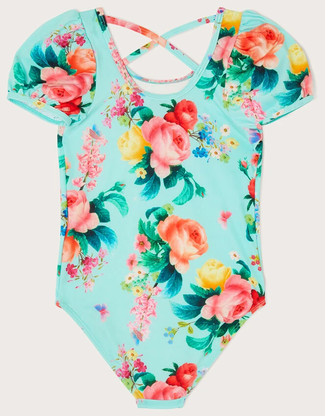 MONSOON Floral Puff Sleeve Swimsuit Blue 2 MONSOON Floral Puff Sleeve Swimsuit Blue - Image 2