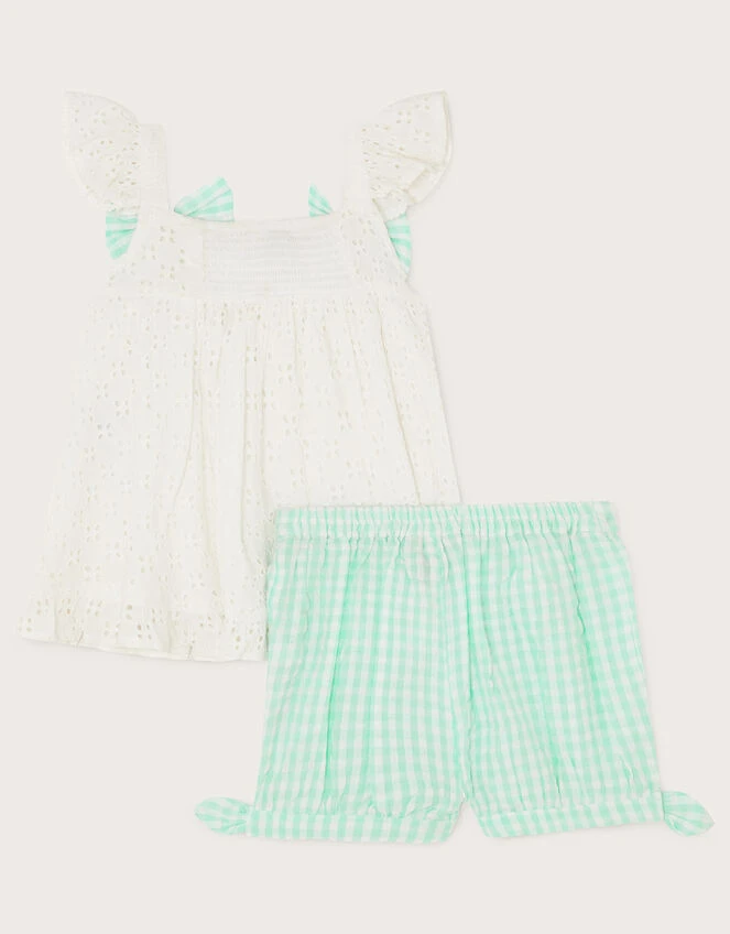 MONSOON Baby Check Broderie Vest And Shorts Set Green 2 MONSOON Baby Check Broderie Vest And Shorts Set Green - Image 2