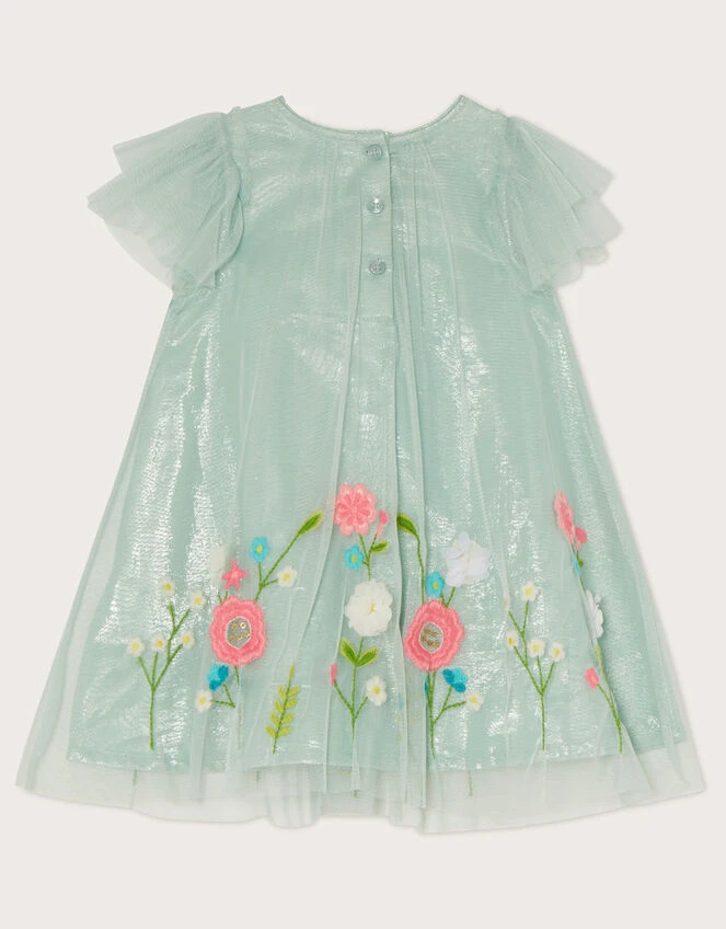 MONSOON Baby Ruffle Front Embroidered Mesh Dress Green 3 MONSOON Baby Ruffle Front Embroidered Mesh Dress Green - Image 3