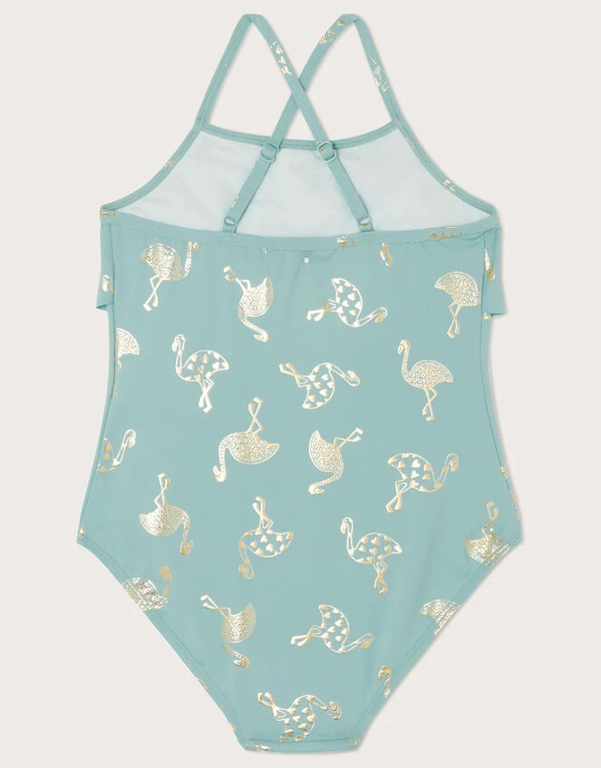 MONSOON Flamingo Foil Print Frill Swimsuit Blue 2 MONSOON Flamingo Foil Print Frill Swimsuit Blue - Image 2