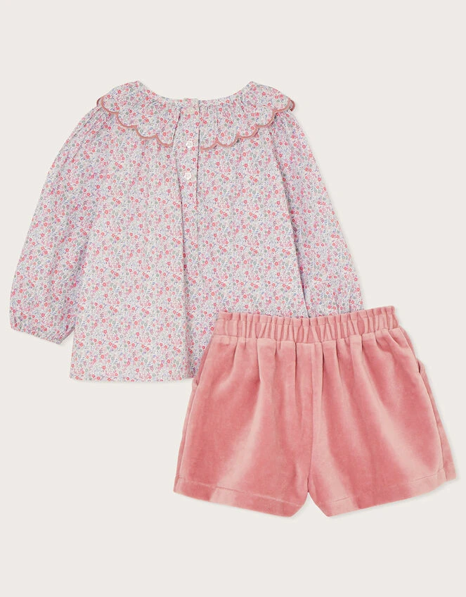 MONSOON Baby Bird Blouse And Velour Shorts Set Pink 2 MONSOON Baby Bird Blouse And Velour Shorts Set Pink - Image 2