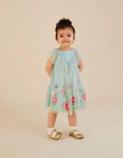 MONSOON Baby Ruffle Front Embroidered Mesh Dress Green
