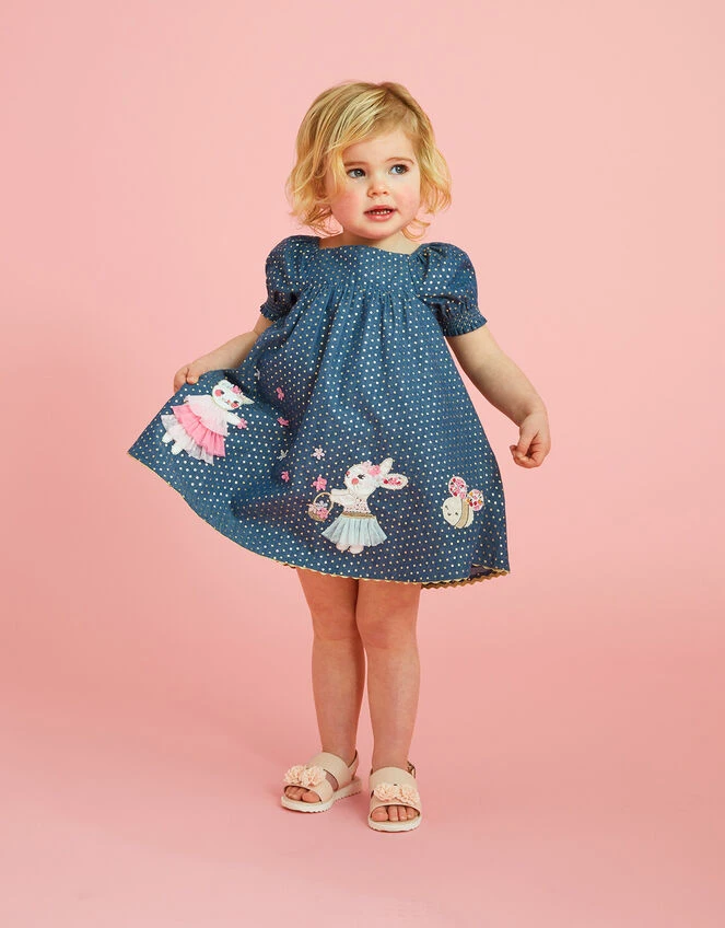 MONSOON Baby Foil Spot Character Chambray Dress Blue 1 MONSOON Baby Foil Spot Character Chambray Dress Blue